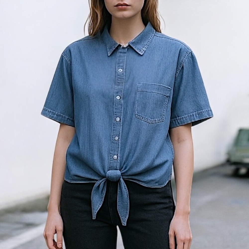 MICHAEL Michael Kors Womens Tie-Front Shirt Light Cadet Wash LARGE NWT